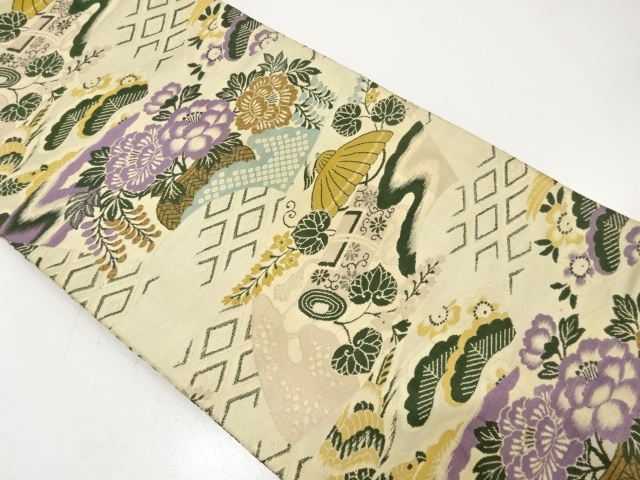 アンティーク　地紙に花籠・巻物模様織り出し名古屋帯（材料）